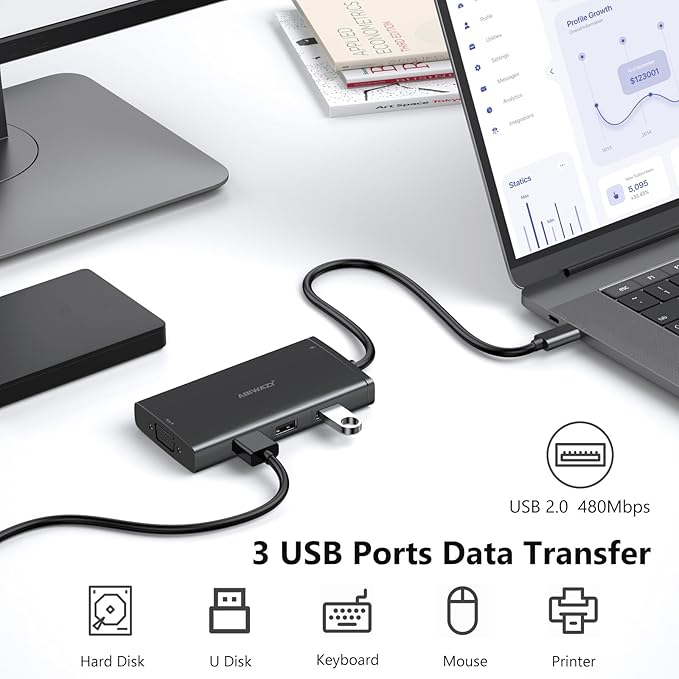 ABIWAZY USB C Docking Station Dual Monitor for HP Dell Lenovo Thinkpad Surface, 8 in 1 Computer Multiple Monitor Hub Adapter to Dual 4K HDMI,DisplayPort,VGA, 00W PD,3 USB for Windows Laptops(Black)-DeskLoop Office