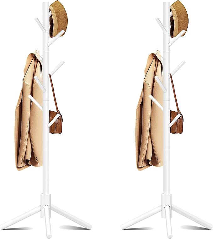 Wooden Coat Rack, Free Standing Coat Rack with 8 Hooks 3 Adjustable Heights for Clothes, Hats, Handbags, Coat Tree Easy Assembly for Entryway, Bedroom, Hallway, Office(2PCS)-DeskLoop Office