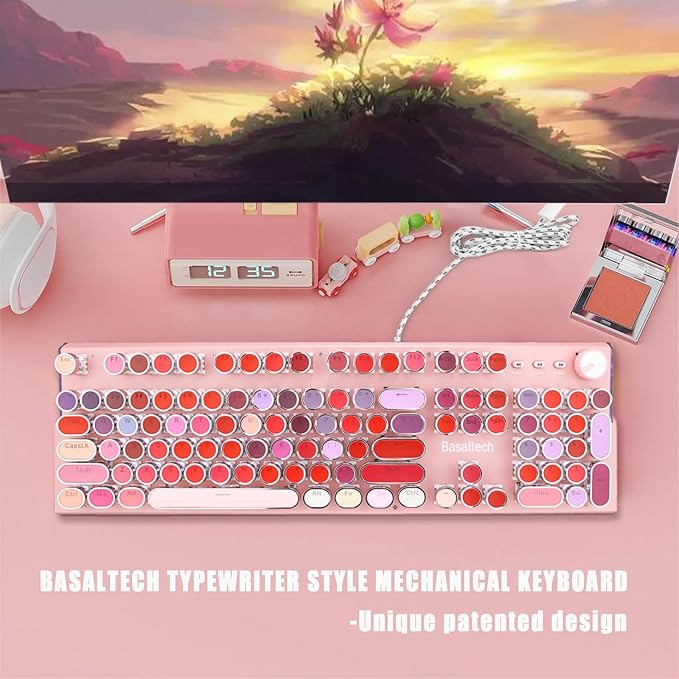 Basaltech Pink Keyboard Typewriter Style with White LED Backlight,Vintage Mechanical Gaming Keyboards with Lipstick Round Keycaps, Blue Switches 104-Keys Wired Keyboard Metal Panel for Laptop/pc-DeskLoop Office