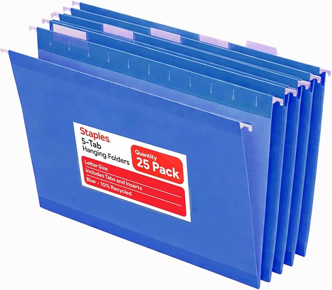 Staples Hanging File Folders, Letter Size, 1/5‑Cut Tabs, Includes Tabs & by Staples