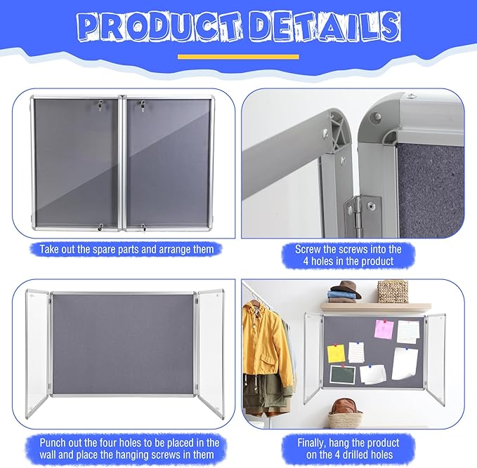 2 Pack Enclosed Bulletin Board 48"x36" Weather Resistant Lockable Enclosed Notice Cork Case Display Board Wall Mounted 2 Locking Door Aluminum Frame for Back to School Classroom, 12xA4(Gray)-DeskLoop Office