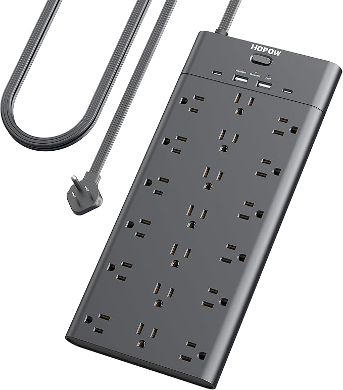 Flat Plug Power Strip, Surge Protector with 19 Outlets and 4 USB Ports, HOPOW 6 Ft Heavy Duty Extension Cord, 1875W, 2100J Surge Protection, Wall Mount for Home, Office, Gaming Room, Dorm, Black-DeskLoop Office