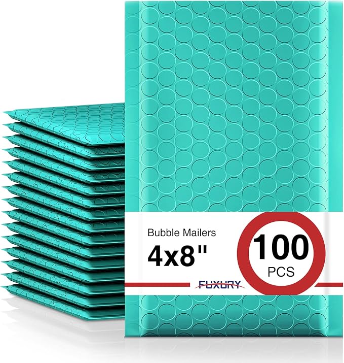 Fuxury Small Bubble Mailers 4x8" 100 Pack, Teal Bubble Mailer, Self Seal Padded by Fuxury