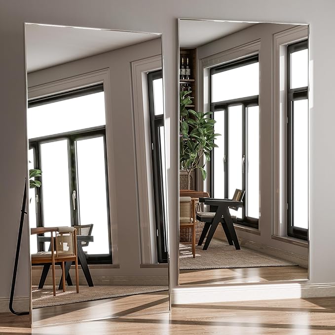 GLSLAND 76"x34" Full Length Mirror Extra Large Hanging or Leaning Rectangle Mirror Aluminum Alloy Thin Frame Bedroom Floor Dressing,Silver-DeskLoop Office