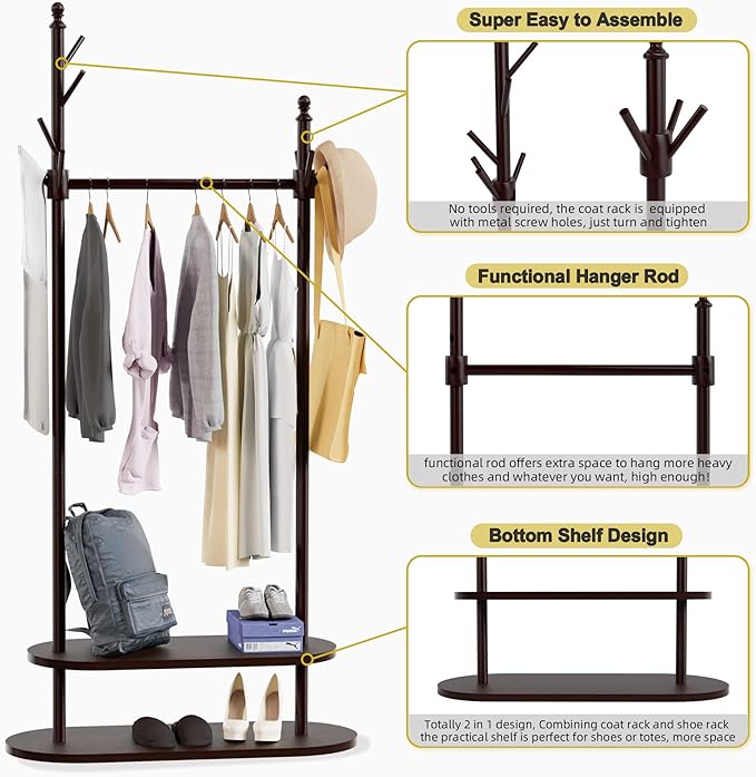2-Tier Coat Rack Freestanding, Easy Assemble 8 Hooks Wooden Coat Rack with Shoe Storage Sturdy Coat Tree Save Space, Rustic Coat Stand for Entryway, Bedroom, Office (Dark Brown)-DeskLoop Office