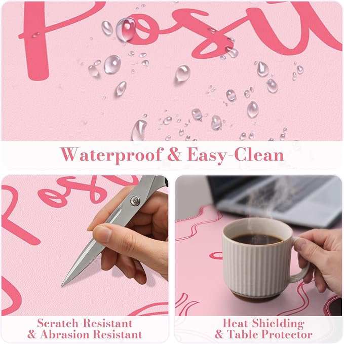iCasso Pink Mouse Pad, Scalloped Desk Cover Mat, Leather Waterproof Desk Pad Mat - Image 3