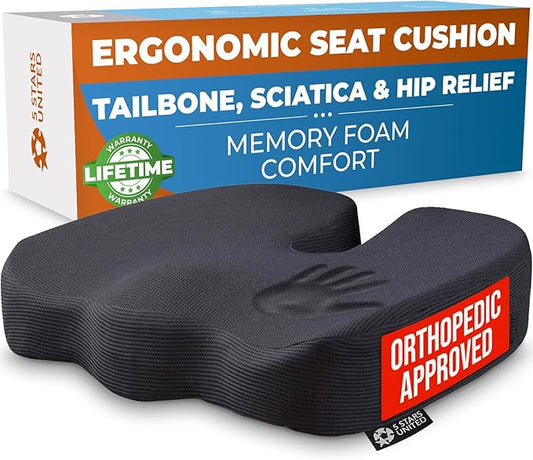 5 STARS UNITED Seat Cushion for Tailbone Pain Relief – Memory Foam Lifting Pillow for Coccyx, Hip, Hemorrhoid, Sciatica & Post-Surgery Recovery – Wheelchair, Car, Desk, Gaming & Office Chairs, Black-DeskLoop Office