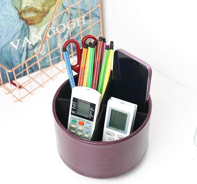 Hennaja Round Leather Art Supply Organizer, Remote Control Holder, 360 Degree - Image 6