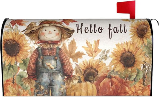Ouqiuwa Autumn Sunflowers Scarecrow Welcome Magnetic Mailbox Cover, Fall by Ouqiuwa