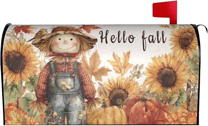 Autumn Sunflowers Scarecrow Welcome Magnetic Mailbox Cover, Fall Mailbox Wrap by Ouqiuwa