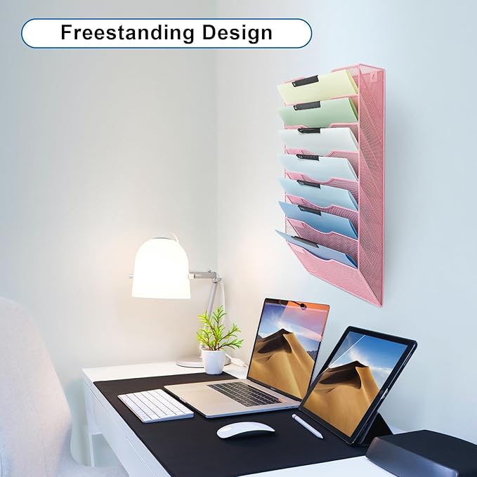EASEPRES 8 Pocket Mesh Hanging Wall File Organizer, Wall Mounted Mail Paper Document Folder Holder, Clipboard Storage Organization Magazine Rack with Nametag Label for Office Home School, Pink-DeskLoop Office