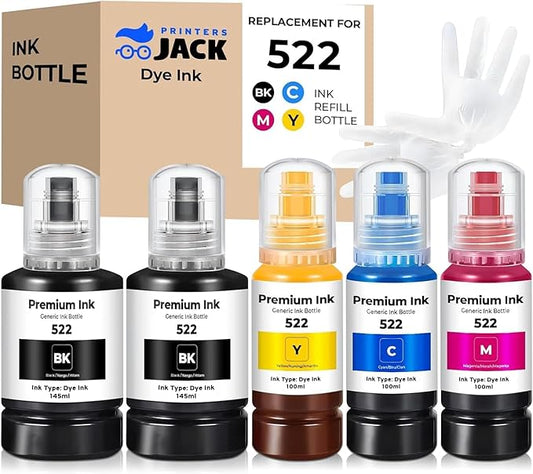 Printers Jack 522 Ink Refill Ink Bottle Kit Compatiable with T522 and Supertank ET-2800 ET-4700 ET-4800 ET-2710 ET-2720, ET-2803 Printer, (2BK C M Y)-DeskLoop Office