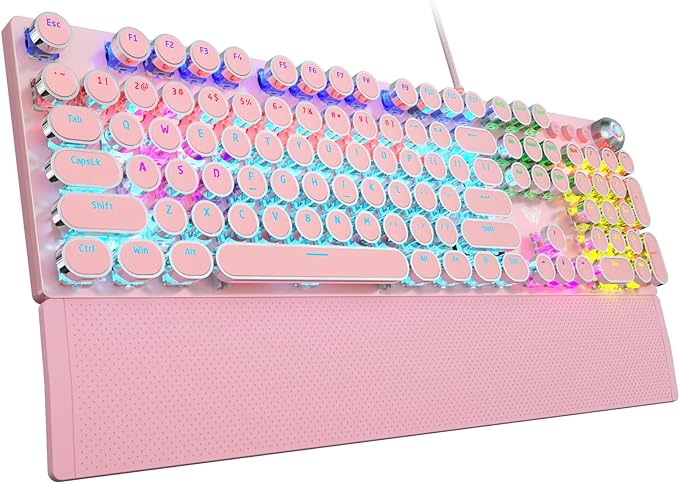 AULA F2088 Typewriter Style Mechanical Gaming Keyboard,Rainbow LED Backlit,Removable Wrist Rest,Media Control Knob,Retro Punk Round Keycaps,USB Wired Computer Keyboard,Pink-DeskLoop Office