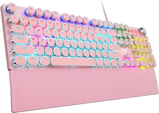 AULA F2088 Typewriter Style Mechanical Gaming Keyboard,Rainbow LED Backlit,Removable Wrist Rest,Media Control Knob,Retro Punk Round Keycaps,USB Wired Computer Keyboard,Pink-DeskLoop Office