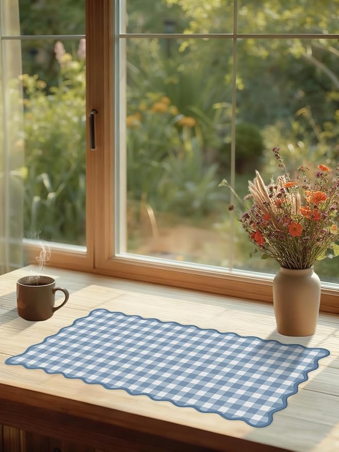 Scalloped‌ Blue Checkered Gingham Desk Mat Cute Pastel XXL Large Gaming Mouse - Image 7