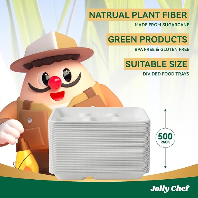 JOLLY CHEF Compostable  Compartment Paper Plates 10*8.25*1  Small - Image 6