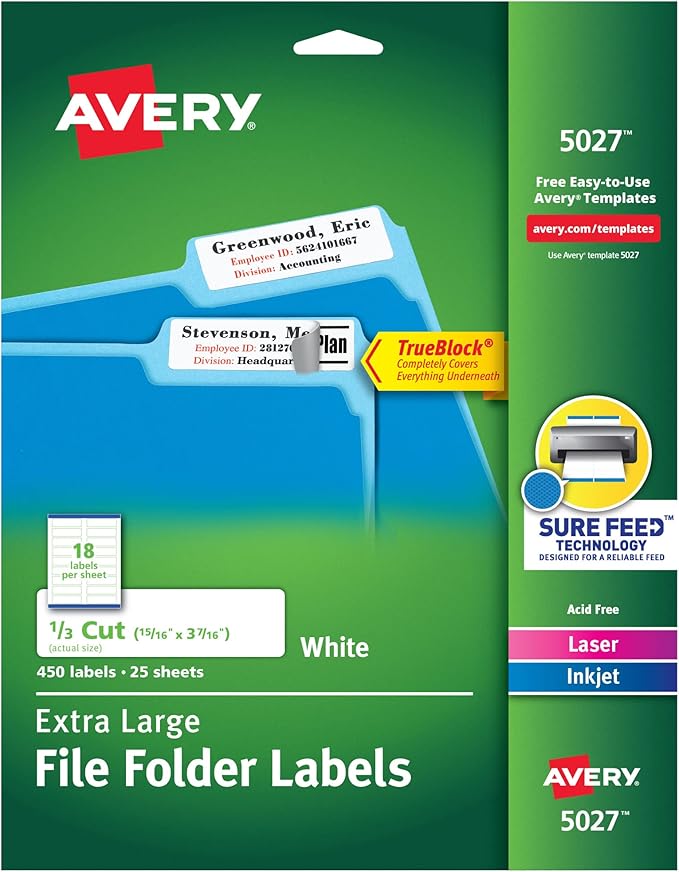 Avery TrueBlock Extra Large File Labels, 15/16" x 3-7/16", 5 Packs, 250 by Avery