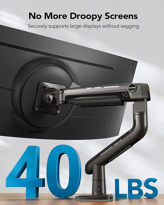 HUANUO Heavy Duty Monitor Arm for Ultrawide Screens up to 49", Holds 40 lbs,Aluminum Ultrawide Screen Desk Mount,Fully Adjustable Single Monitor Mount with C-clamp, Grommet Base, Max VESA 100x100-DeskLoop Office