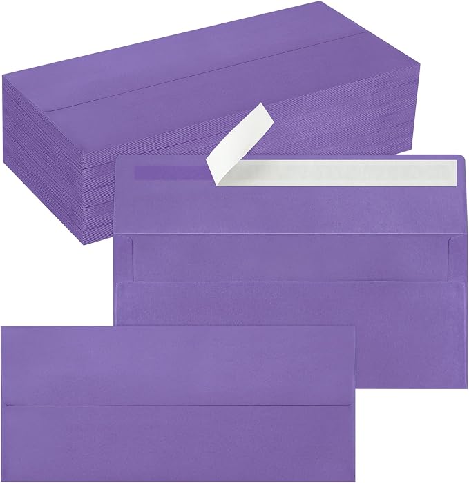 100 Pack #10 Business Envelopes, Self Seal Standard Purple Envelopes by QIKSION