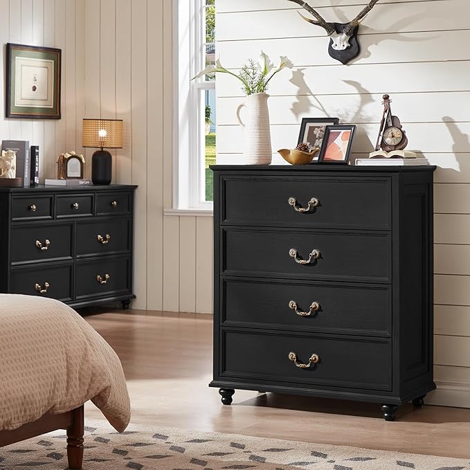 Farmhouse 4 Drawer Dresser Set of 2 for Bedroom, 37" Tall Rustic Chests of Drawers w/ 4 Solid Wood Feet, Mid Century Vintage Wooden Closet Storage Dressers Organizer for Living Room, Black-DeskLoop Office