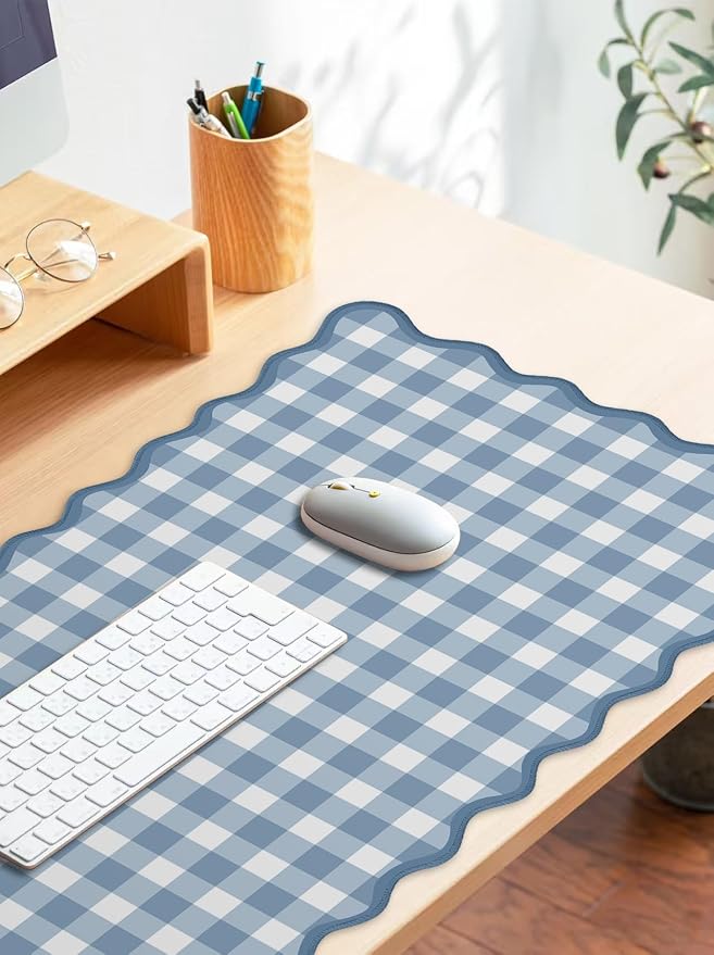 Scalloped‌ Blue Checkered Gingham Desk Mat Cute Pastel XXL Large Gaming Mouse - Image 3