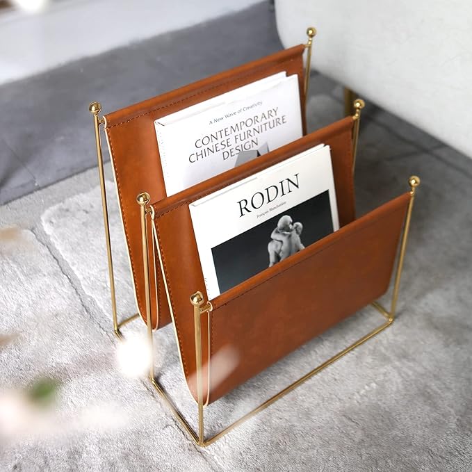 Plated Metal Wire and Leatherette Magazine Holder Rack, 2-Slot Standing Rack for Magazines, Books, Newspapers, Home Staging Decoration-DeskLoop Office