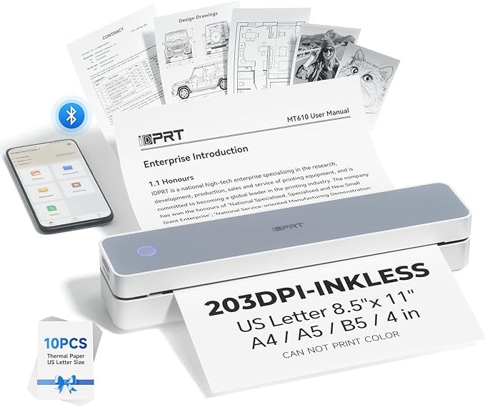 iDPRT Portable Printer Wireless for Travel - 203DPI Bluetooth Mobile Printer Support for 8.5"x11" US Letter, Inkless Compatible with iOS, Android, Laptop for Office, Car and Home, School-DeskLoop Office