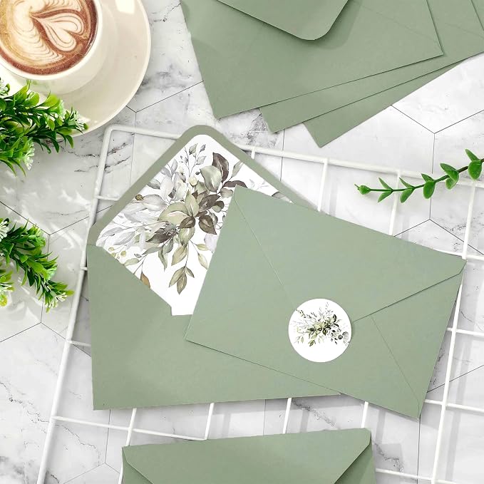 Whaline 50Pcs Greenery Envelopes 5 x 7 Inch Watercolor Sage Green Eucalyptus - Image 5