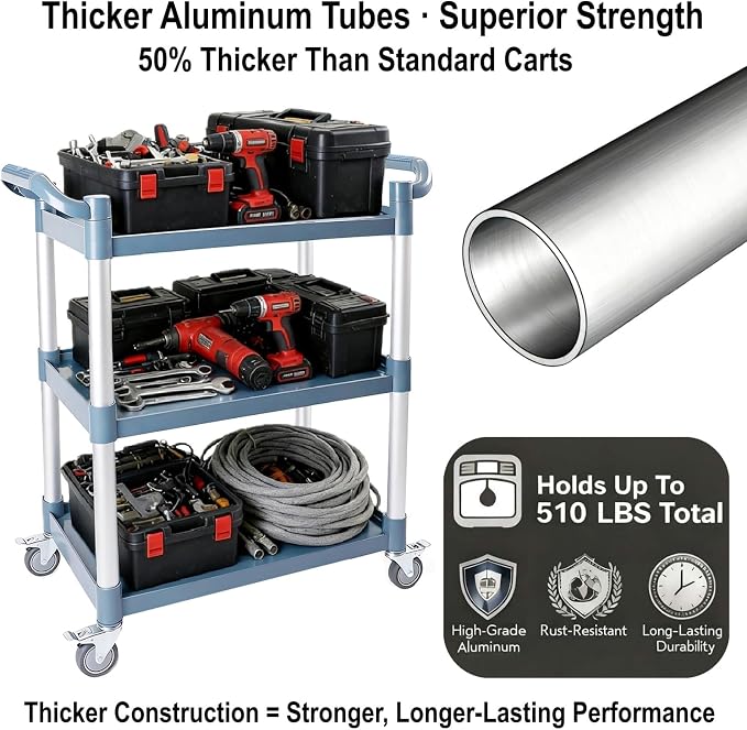 3-Tier Rolling Utility Cart on Wheels, 510 lbs Capacity Utility Service Cart - Image 4