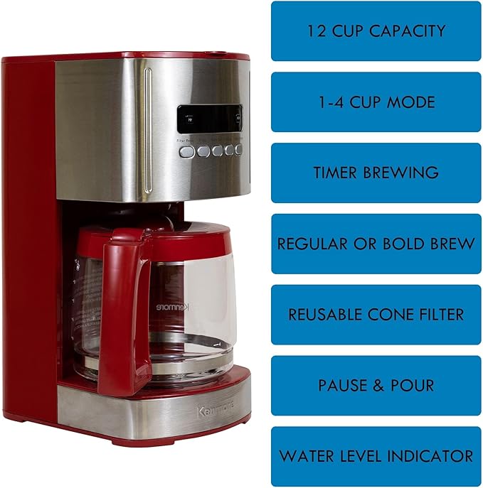Kenmore Drip Coffee Maker - 12 Cup Programmable Cafe Machine With Glass Pot, Regular & Bold Brew, Auto Shut Off Large Water Reservoir, Reusable Filter, Kitchen Appliances For Cafeteria Barista, Red-DeskLoop Office