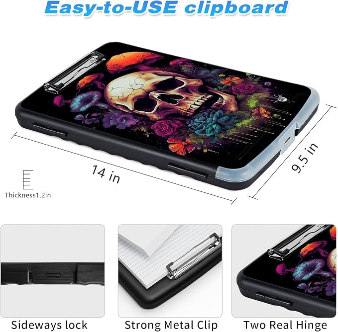 Clipboard with Storage, High Capacity Flower Skull Storage Clipboard 9.5x14 - Image 3