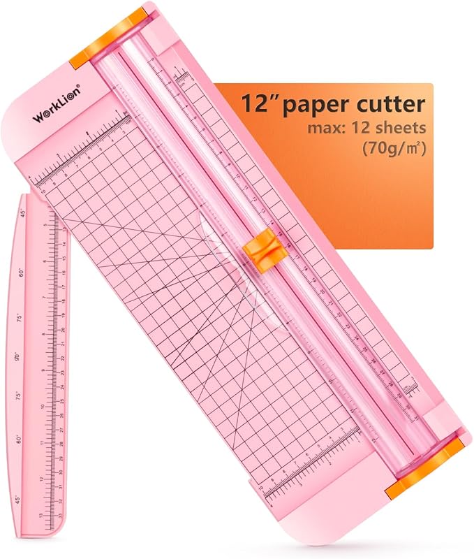 WORKLION Straight Paper Cutter For crafting – Pink 12 Inch Paper Trimmer With Security Safeguard and Side Ruler, Perfect for Cardstock, Coupon,Photos and Crafting Paper.-DeskLoop Office