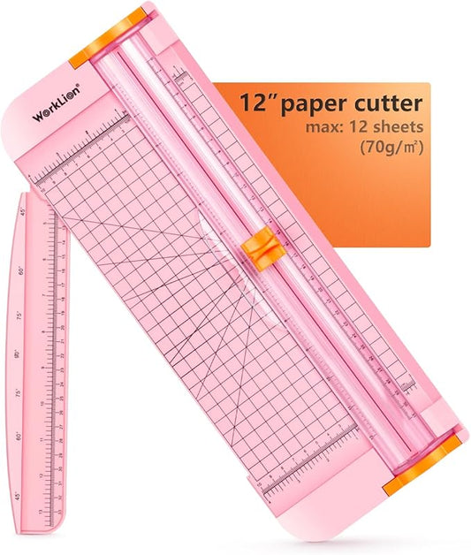 WORKLION Straight Paper Cutter For crafting – Pink 12 Inch Paper Trimmer With Security Safeguard and Side Ruler, Perfect for Cardstock, Coupon,Photos and Crafting Paper.-DeskLoop Office