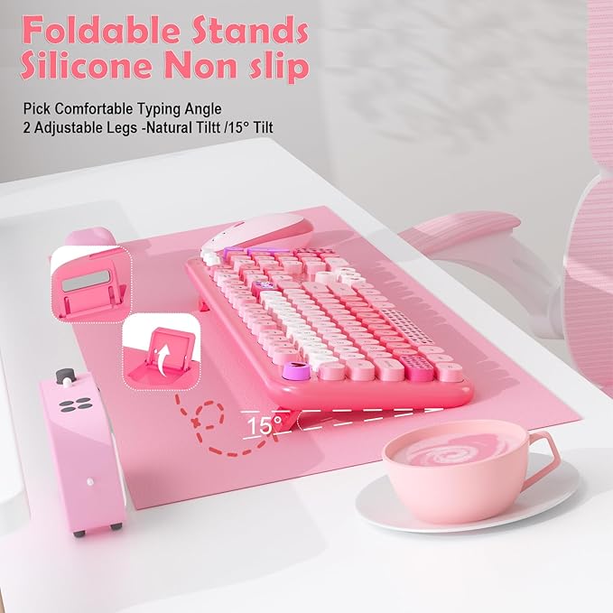 Wireless Keyboard and Mouse,MOFII 104 Round Keys Lovely Full-Size Cute Colorful Keyboard and Mouse with Retro Typewriter for PC/Mac/Laptop/Tablet/Computer/Windows Pink-DeskLoop Office