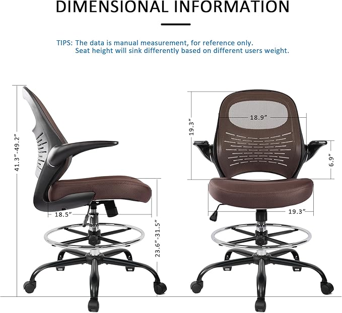 HYLONE Tall Drafting Chair Standing Desk Chair with Flip-Up Armrests, Adjustable Height Ergonomic Office Chair with Footrest Ring - High Stool Chair for Standing Desk (Brown)-DeskLoop Office
