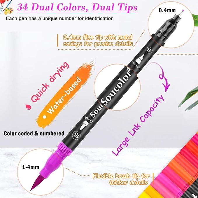 Soucolor Art Brush Markers Pens for Adult Coloring Books, Cute Preppy Stuff School Office Teacher Supplies, 34 Colors Dual Tip (Brush and Fine Point) Drawing Markers for Note Taking Journal Classroom-DeskLoop Office
