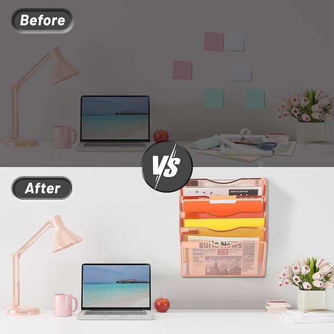 EASEPRES 5 Pocket Mesh Hanging Wall File Organizer, Wall Mounted Mail Paper Document Folder Holder, Clipboard Storage Organization Magazine Rack with Nametag Label for Office Home School, Rose Gold-DeskLoop Office