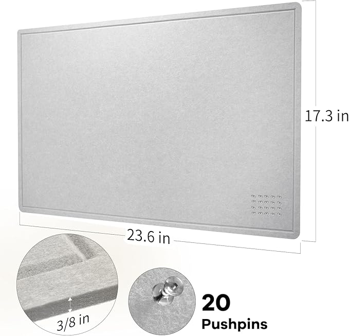 Bulletin Board, 24 x 18 inches Felt Board Decorative Pin Board, Cork Board Alternative for Wall, Foldable Photo Board Self-Adhesive Vision Board Mood Board with 20 Pushpins - Light Gray-DeskLoop Office