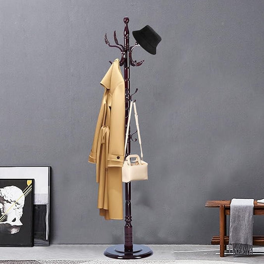 Coat Racks FreeStanding with 14 Hooks, Natural Wood Coat Rack with Solid Round Base, Adjustable Height Coat Racks, Easy Assembly for Hallway, Bedroom and Office (Solid Wood Fenghuang Gou)-DeskLoop Office