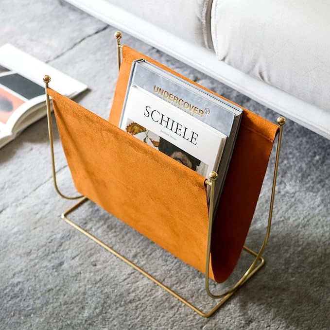 Plated Metal Wire and Suede Leather Magazine Holder Rack, Standing Rack for Magazines, Books, Newspapers, Home Staging Decoration-DeskLoop Office