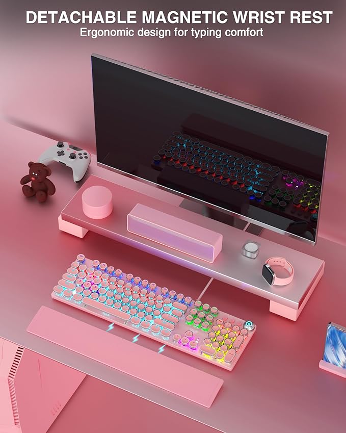 AULA F2088 Typewriter Style Mechanical Gaming Keyboard,Rainbow LED Backlit,Removable Wrist Rest,Media Control Knob,Retro Punk Round Keycaps,USB Wired Computer Keyboard,Pink-DeskLoop Office