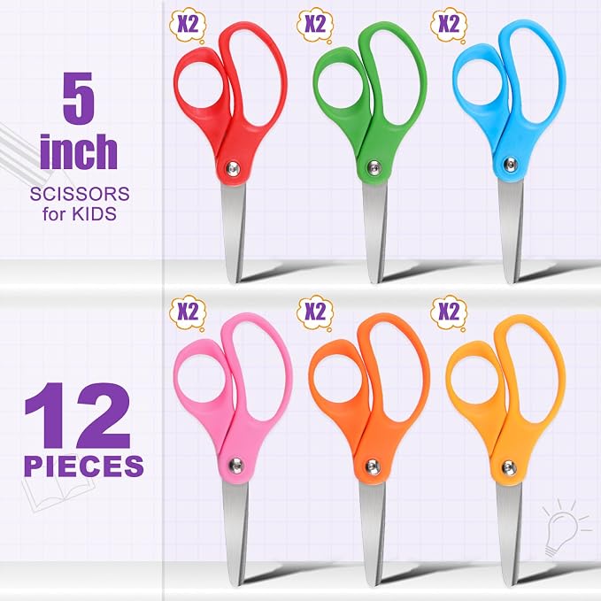 BURVAGY 12 Packs 5" Small School Student Blunt Tip Craft Kids Scissors - Image 2