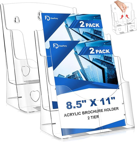 2 Pack Acrylic Brochure Holder 8.5 x 11 in, 2 Tier Brochure Display Stand with Removable Divider for 4 x 9 in Trifold Pamphlets, acrylic flyer holder 8.5 x 11 Stands for Flyer, Pamphlet, Magazine-DeskLoop Office