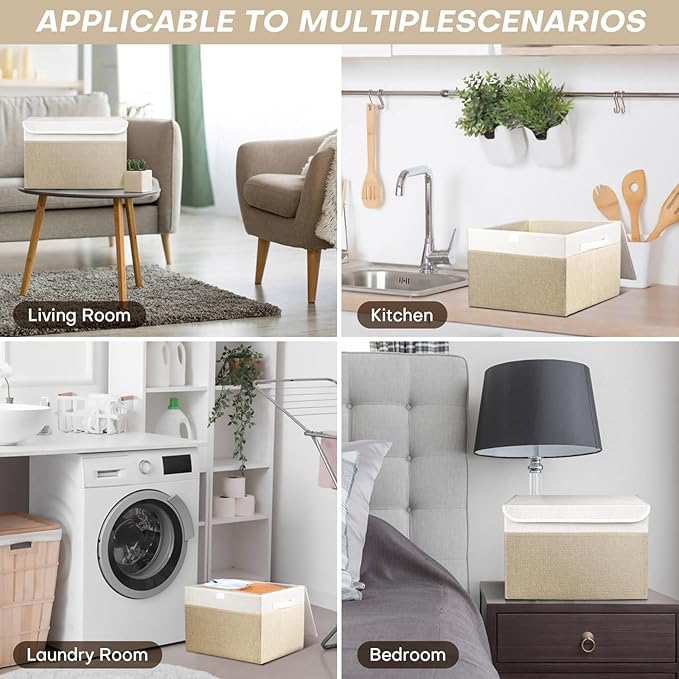 Large 22 Quart Linen Fabric Foldable Storage Bin Cube Organizer Basket with Flip-Top Lid & Handles, Clothes Blanket Box for Home, Office, Closet, Beige & White, 4 Pack 14.6 x 9.5 x 9.5”-DeskLoop Office