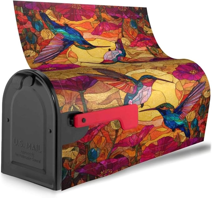 Stained Glass Hummingbird Welcome Magnetic Mailbox Cover, Flowers Mailbox Wrap - Image 3