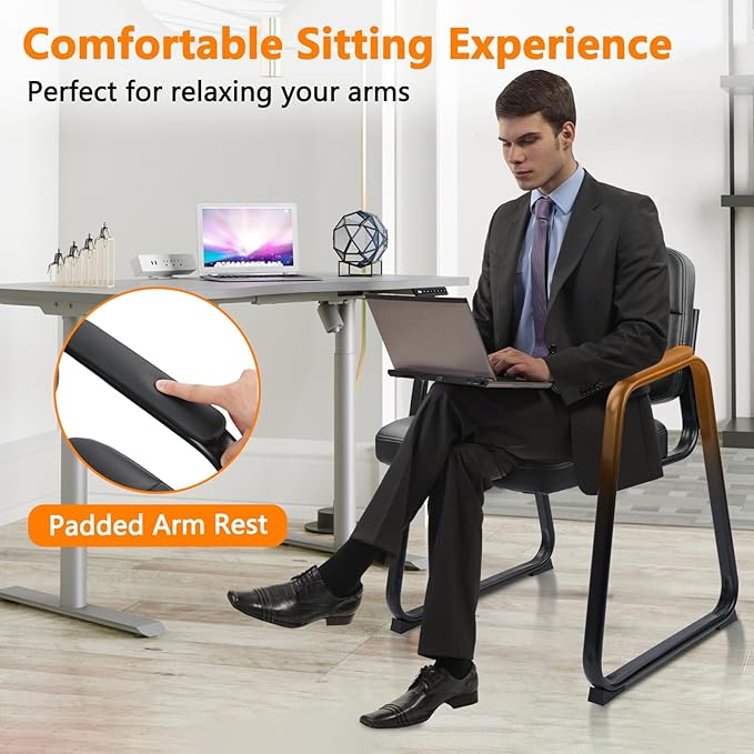 CLATINA Waiting Room Guest Chair with Bonded Leather Padded Arm Rest for Office Reception and Conference Desk Black with Sled Base 4 Pack-DeskLoop Office