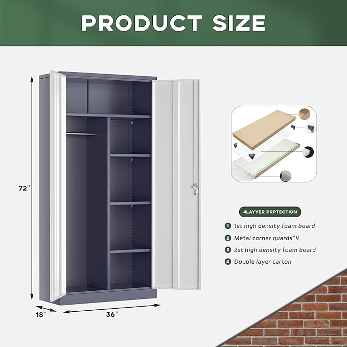 Greenvelly Metal Wardrobe Cabinet with Lock Door, 72" Metal Wardrobe Closet Cabinet with Hanging Rods and Adjustable Shelves, Steel Storage Locker Closet for Home, Office, Employee, Gym (White Grey)-DeskLoop Office