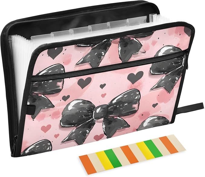 Expanding File Folder Black Bow Heart Pink Accordion File Organizer 13 Pockets by ALAZA