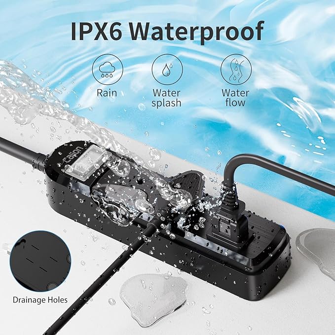 IPX6 Outdoor Power Strip Weatherproof, Waterproof Surge Protector with 3 Wide Outlet 6FT Long Extension Cord, Wall Mountable for Outside Decorations and More UL Listed(Black)-DeskLoop Office