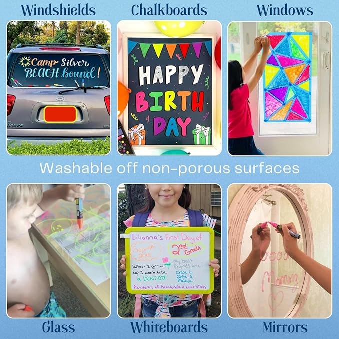 Liquid Chalk Markers Neon 12 Pack. Bold Wet & Dry Erase Marker Pens. Erasable and Washable Chalkboard Markers for Windows, Mirrors, Glass, Whiteboards. Reversible Thick and Fine Tip.
